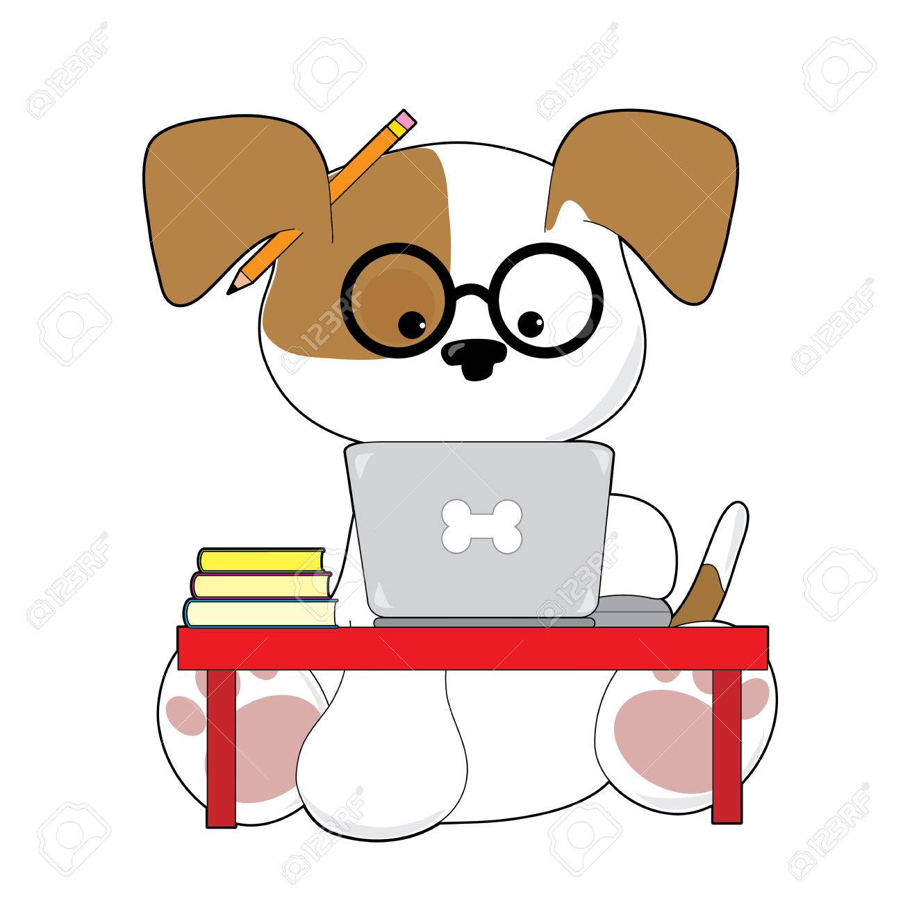 An adorable puupy is sitting at a laptop wearing glasses and has a pencil by his ear - 57152953 An adorable puupy is sitting at a laptop wearing glasses and has a pencil by his ear - 57152953