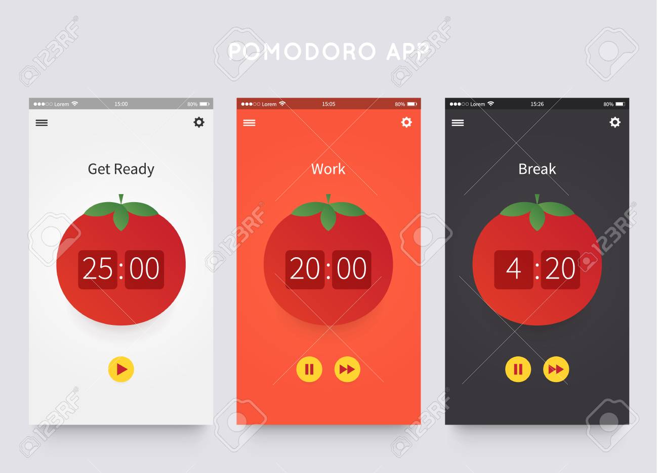 pomodoro technique app ui design template with pomodoro clock