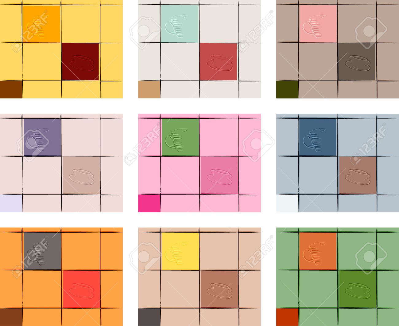 Set Of 9 Colored Kitchen Walls With Decorative Tiles Of Different Royalty Free Cliparts