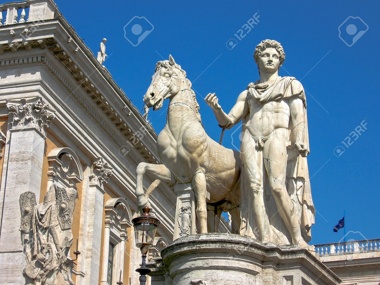 額装　銅版画「ローマ首都と皇帝騎馬像」1796年　イタリア　景観図　美品 馬のいるディオスクーロイの像。カピトリーノの丘（ローマ