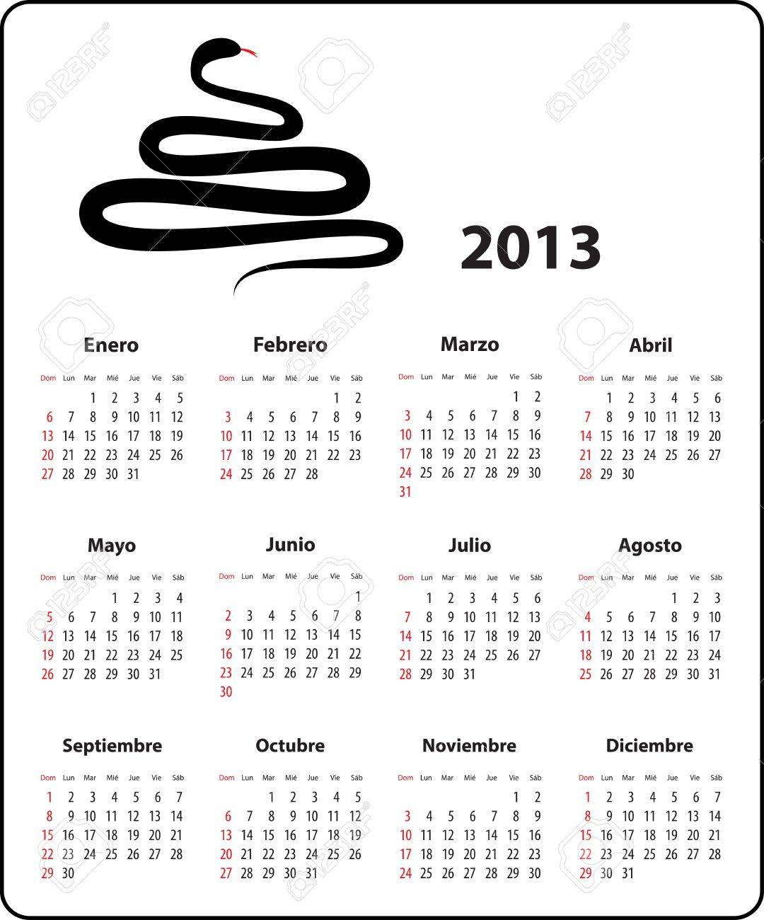 calendar for 2013 year in spanish and a snake silhouette in the
