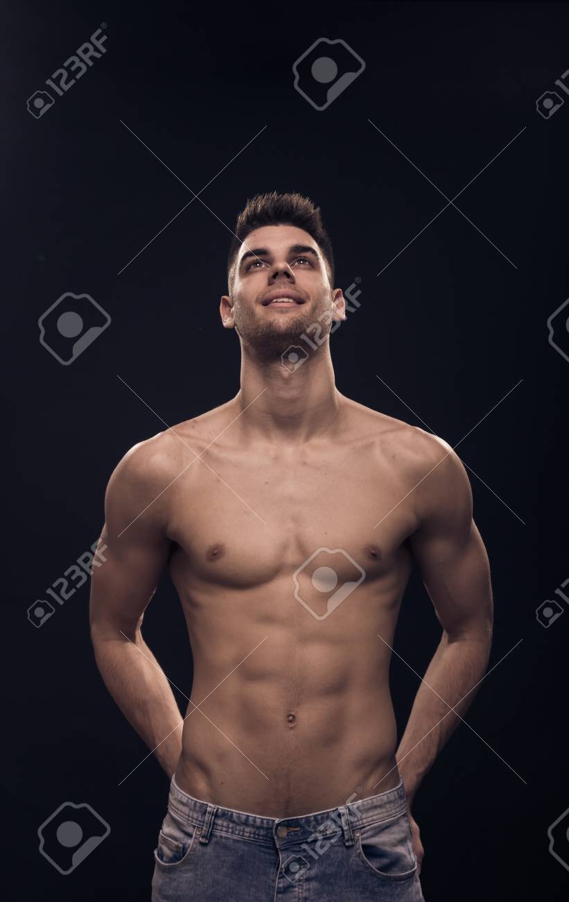 One Young Man Looking Above Up Shirtless Body Fit Abs Slim Stock Photo Picture And Royalty Free Image Image 74680113