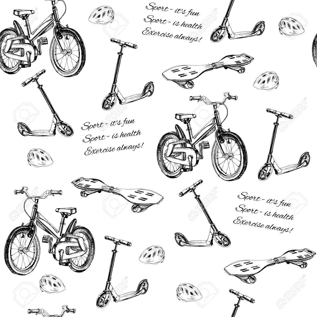 手描きベビー自転車 スクーター ウェーブ ボード ヘルメットのシームレス パターンのイラスト 包装紙のテンプレートのイラスト素材 ベクタ Image