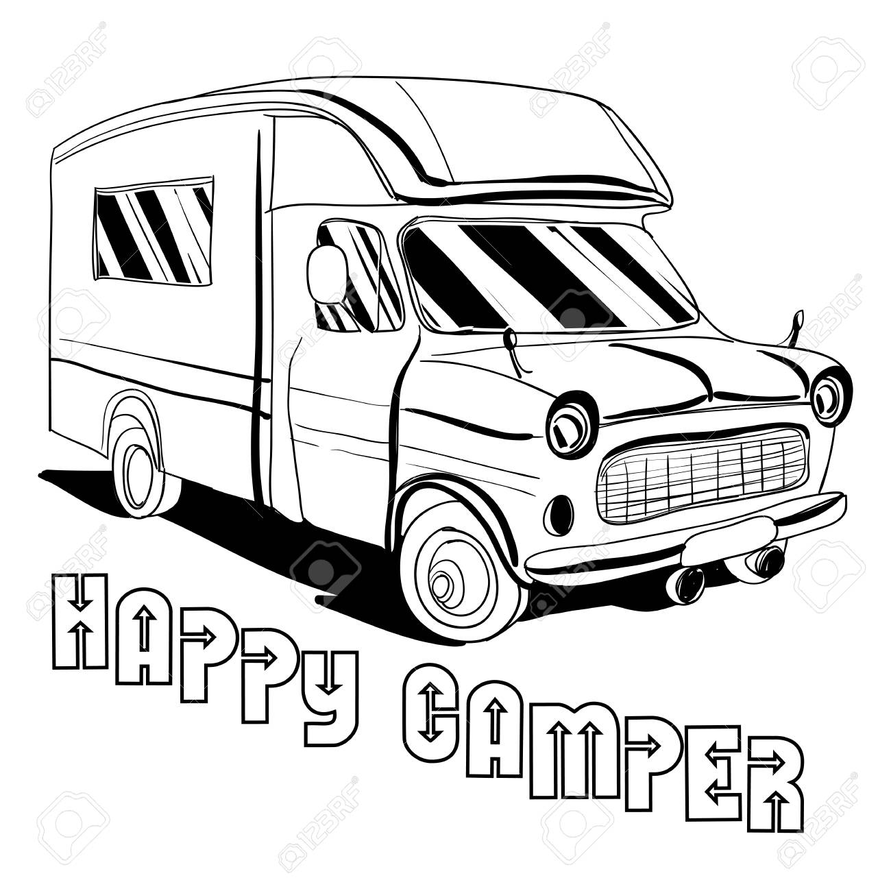 ベクトル分離手描きのイラスト キャンピングカー 車レクリエーション交通 車キャンピングカー バン キャラバン アイコンを落書き モーター ホーム テキスト オブジェクトします のイラスト素材 ベクタ Image