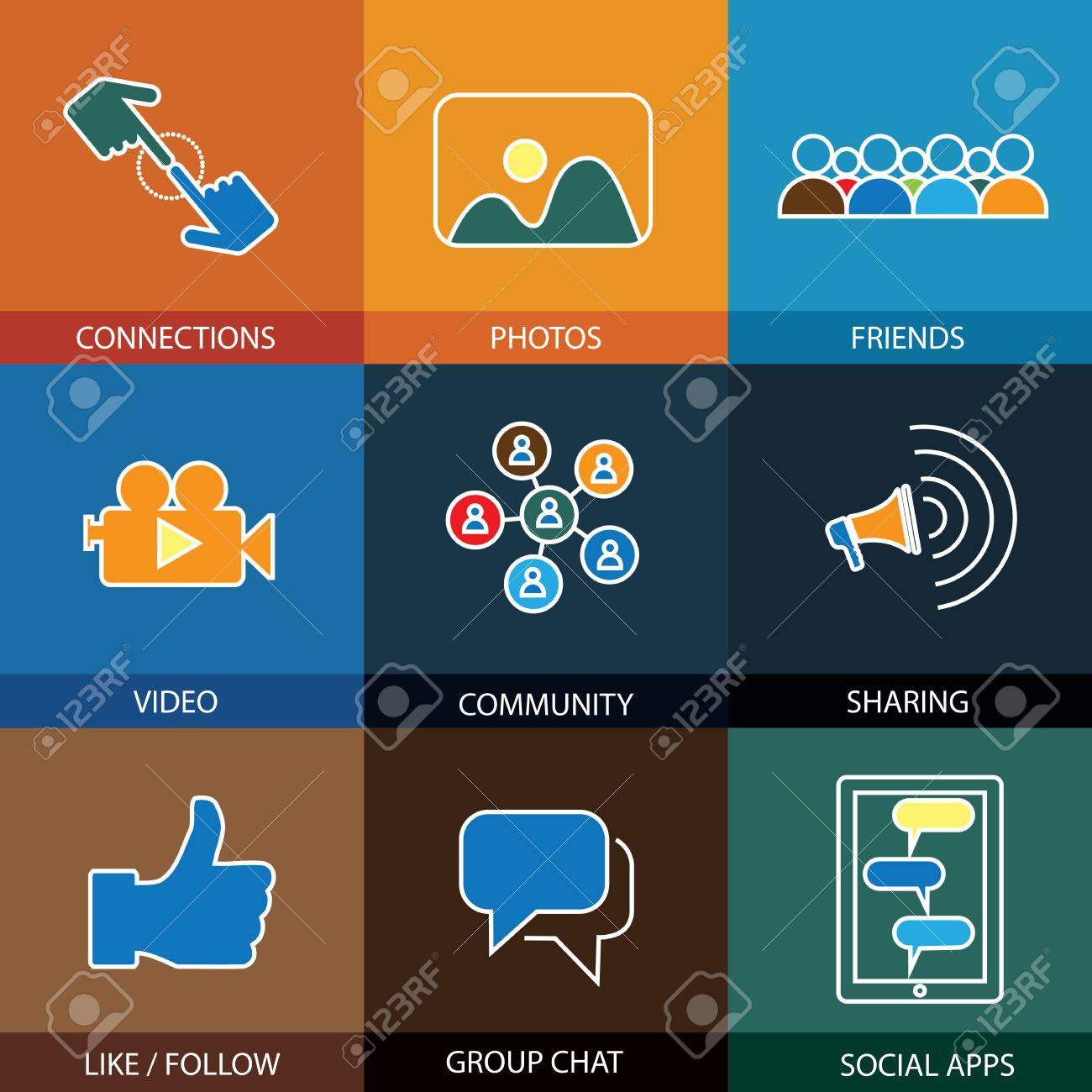 Flat Design Line Icons Of Friends Social Media Videos Photos Vector This Concept Graphic Also Represents Concepts Like Group Chat Mobile Apps For Sharing Interaction People Group Engagement Royalty