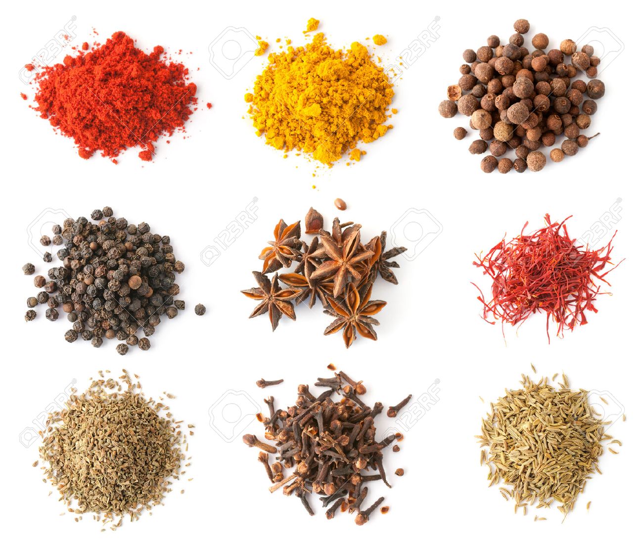 Set of spices (red and black pepper, allspice, saffron, curry, anise, cloves, cumin, coriander) isolated on white, top view - 36868479 Set of spices (red and black pepper, allspice, saffron, curry, anise, cloves, cumin, coriander) isolated on white, top view - 36868479