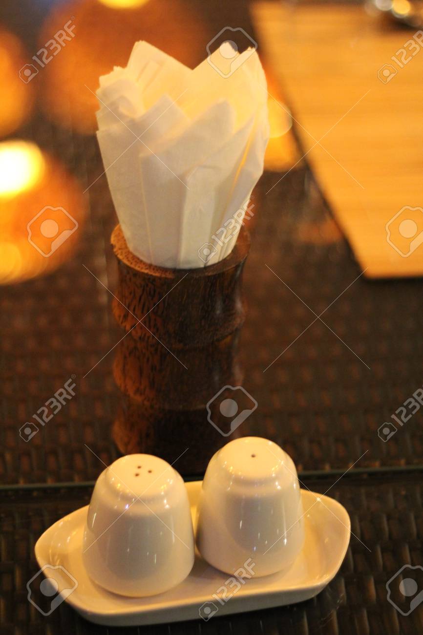 Part Of Restaurant Table Setting Salt And Pepper In The Table. Stock ... Part Of Restaurant Table Setting Salt And Pepper In The Table. Stock ...
