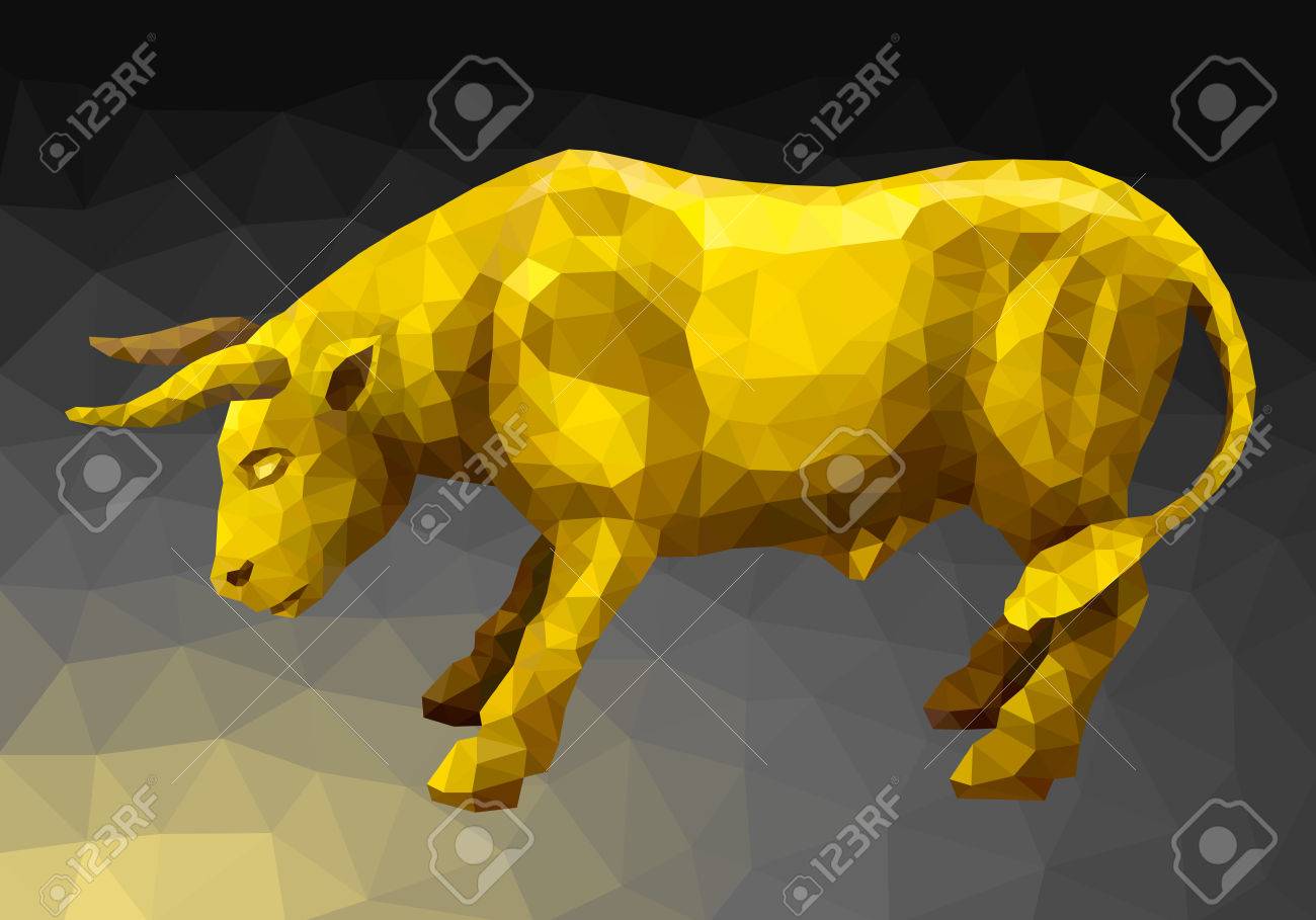 벡터 일러스트 레이 션. 다각형 스타일의 추상 동물. 어둠 속에서 적의 뿔을 노리고있는 전투 자세에 서있는 황금 황소 로열티 무료  사진, 그림, 이미지 그리고 스톡포토그래피. Image 60665093