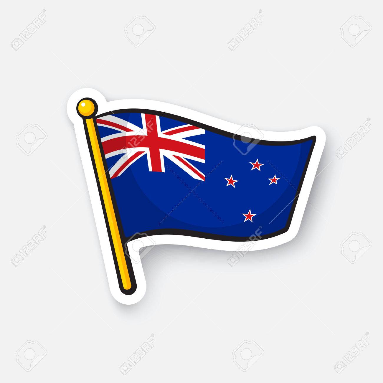 ベクトルの図 フラッグ スタッフにニュージーランドの旗 旅行者のための場所の記号です 漫画ステッカーの輪郭 グリーティング カード ポスター パッチのための装飾の服のエンブレム プリントします のイラスト素材 ベクタ Image