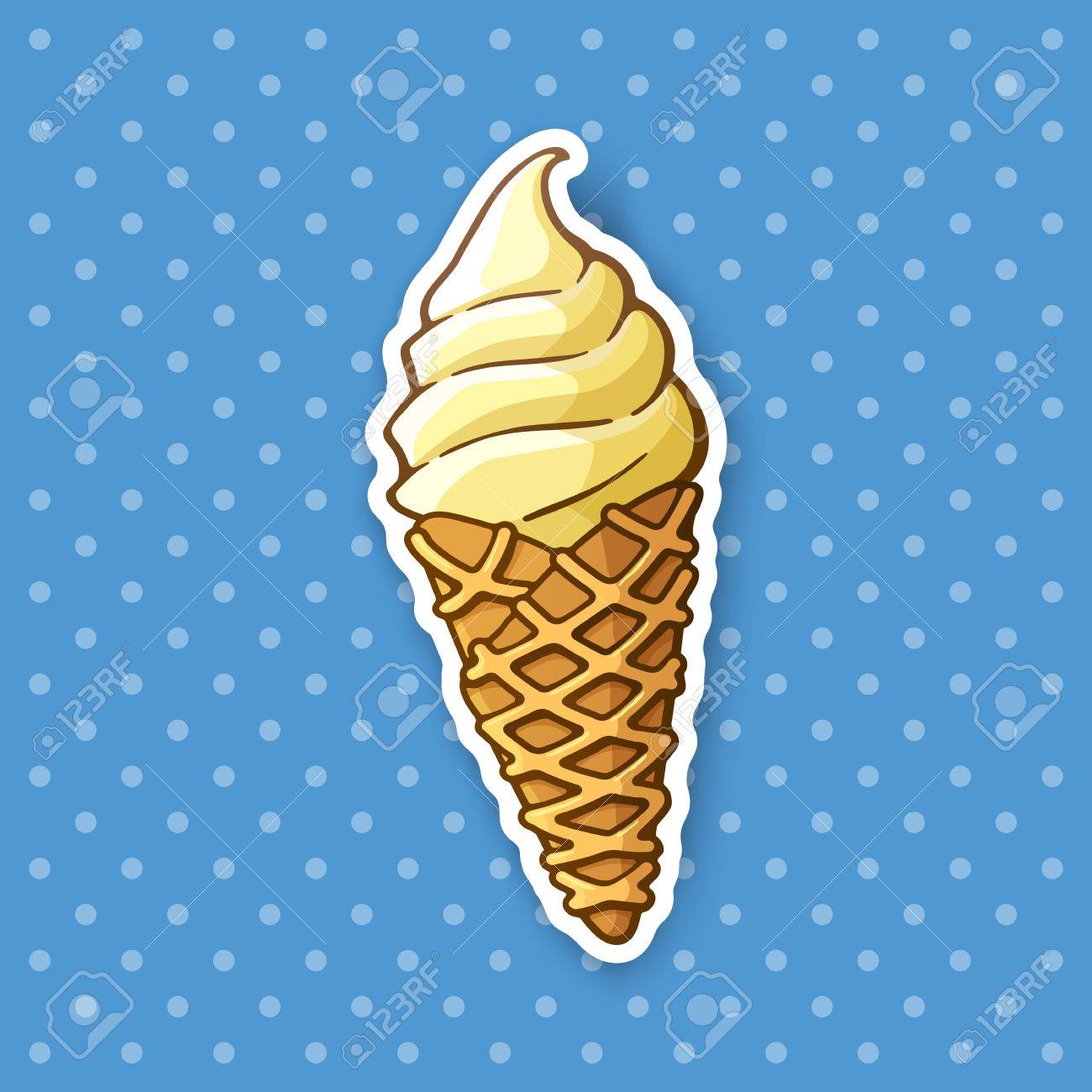 ステッカー バニラアイス クリーム ワッフル コーンでのイラスト素材 ベクタ Image