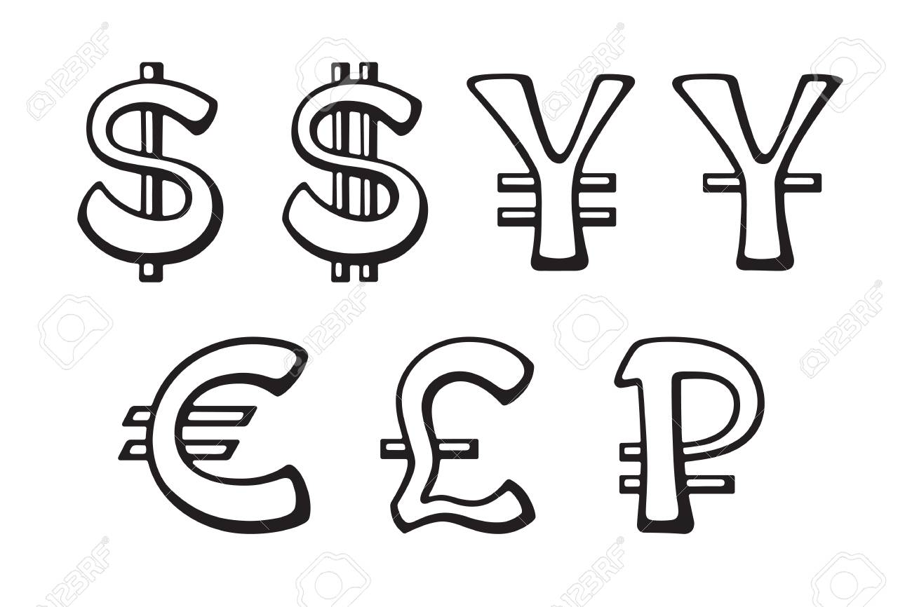 アメリカ ドル、欧州ユーロ、日本円と中国人民元、ロシア ルーブルとイギリス ポンドの記号。のイラスト素材・ベクター Image 82167887