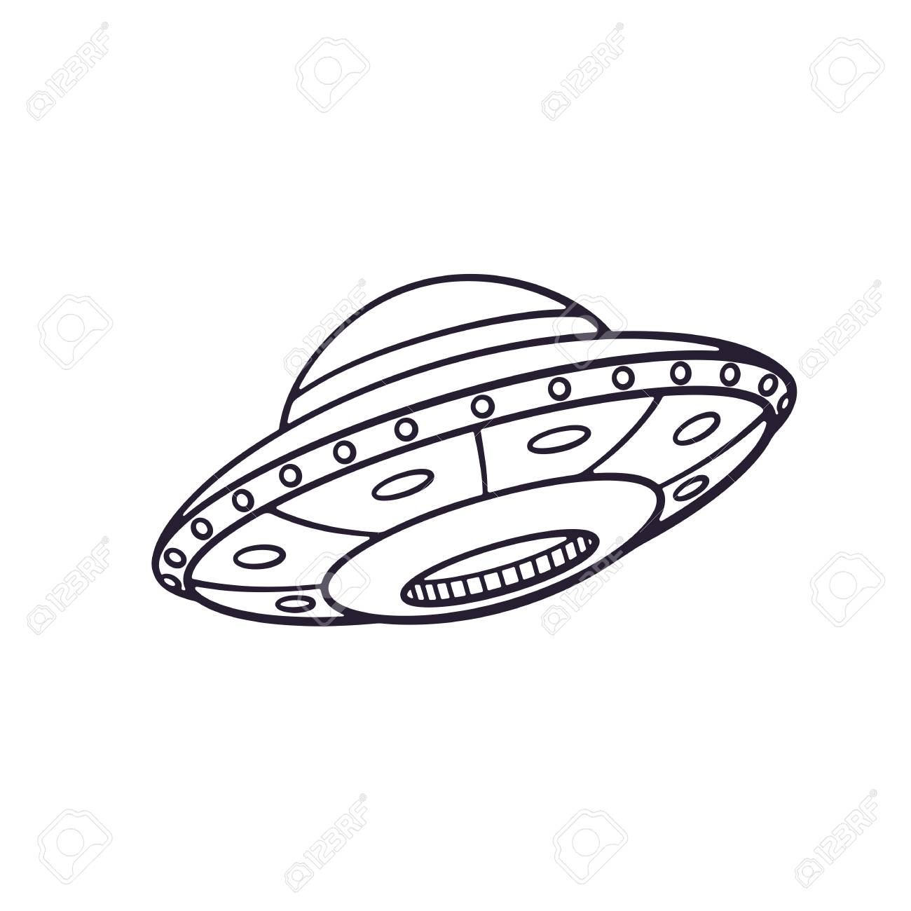 ベクトルの図 グッズ Ufo 宇宙船の手描き落書き 漫画のスケッチ 宇宙人の宇宙船 未来の未知の飛行物体 白い背景に分離 のイラスト素材 ベクタ Image