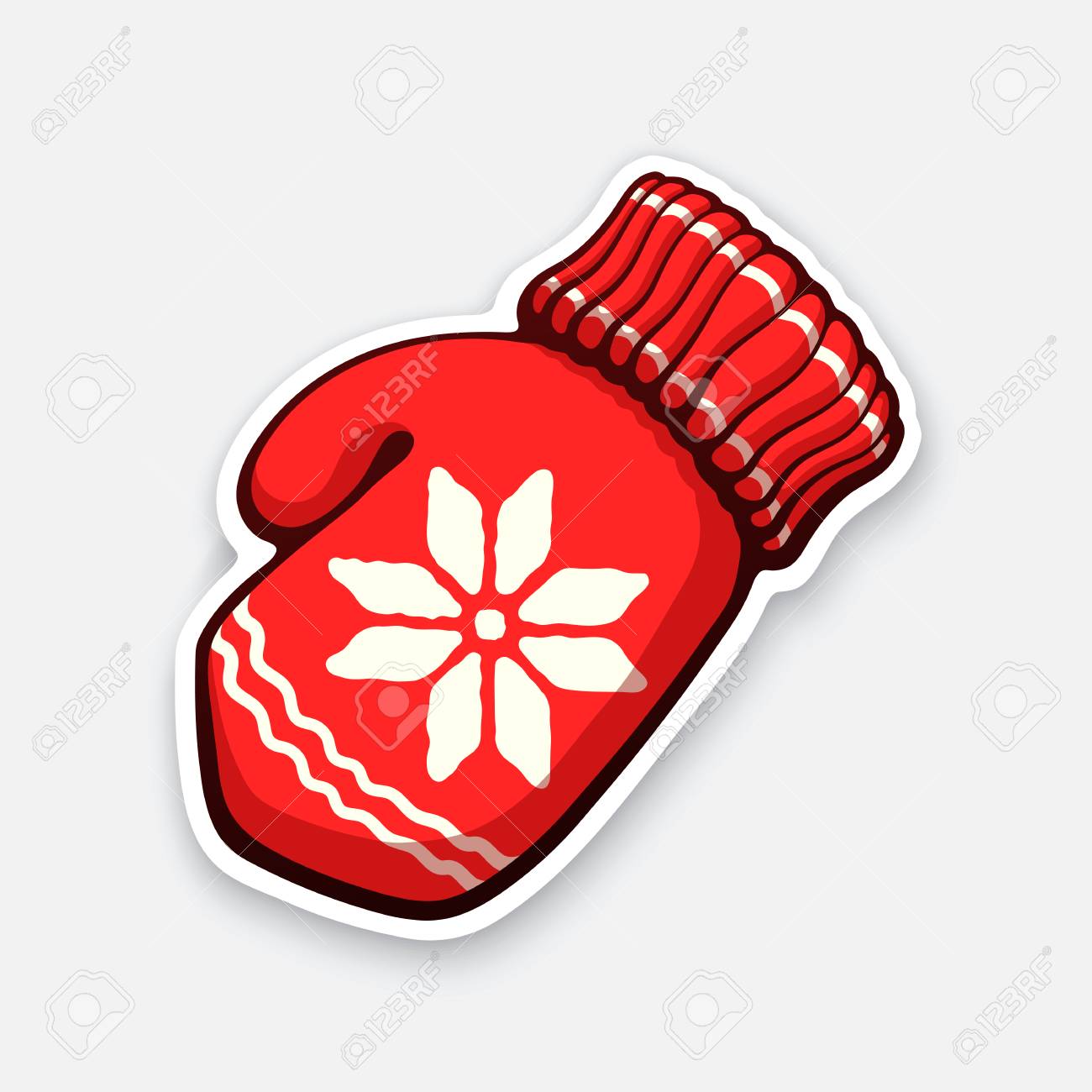 Ilustración Vectorial Navidad Manopla Roja Con El Patrón De Copo De Nieve Guante De Lana De Invierno Para Clima Frío Decoración De Año Nuevo Pegatina En Estilo De Dibujos Animados Con Contorno