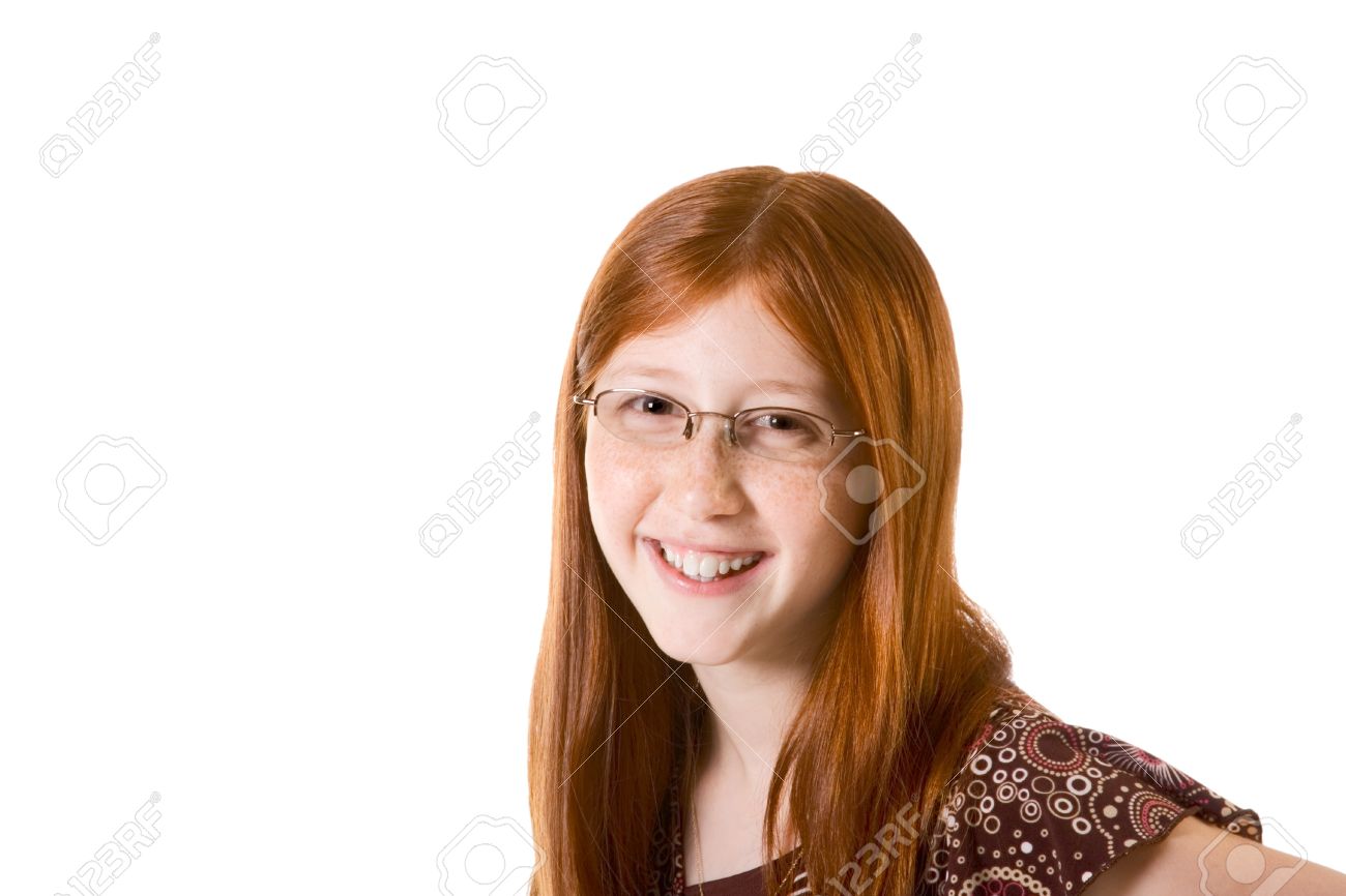 Portrait Of Red Hair Smiling, Cheerful 12 Years Old Girl In 