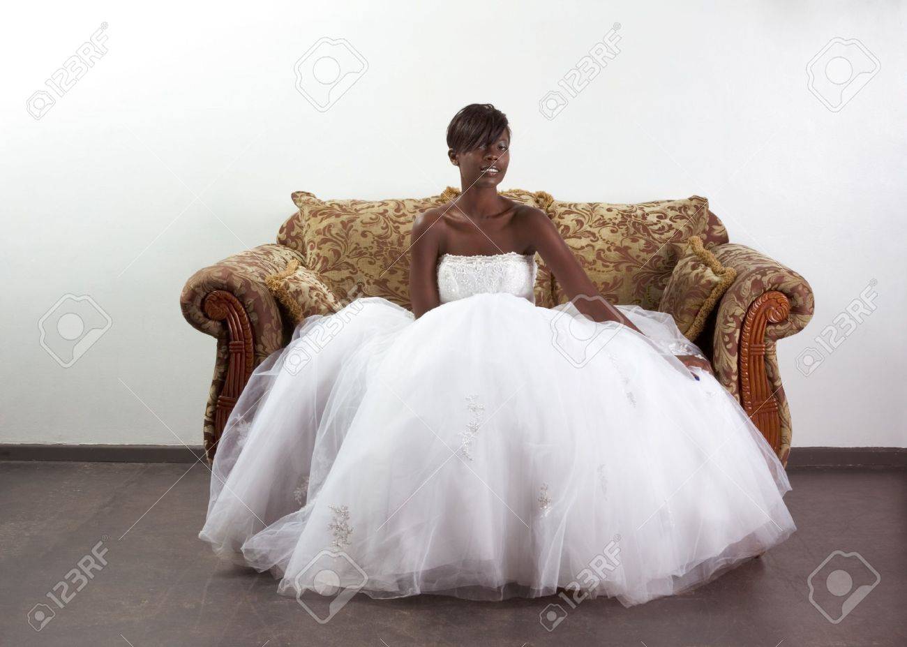 African American Happy Female In White Gorgeous Wedding Gown