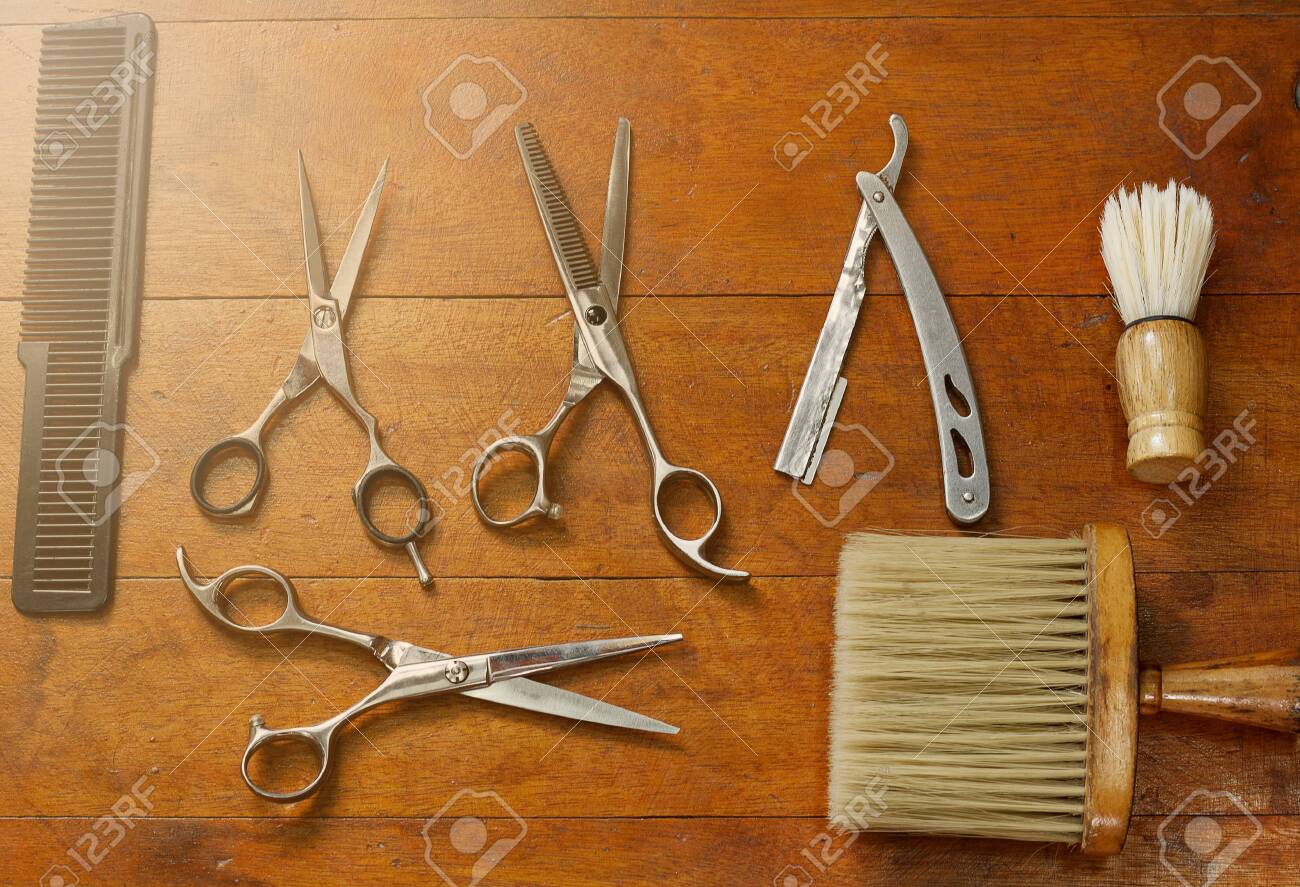 Equipment in the barber shop placed on wooden floors. - 121625250 Equipment in the barber shop placed on wooden floors. - 121625250