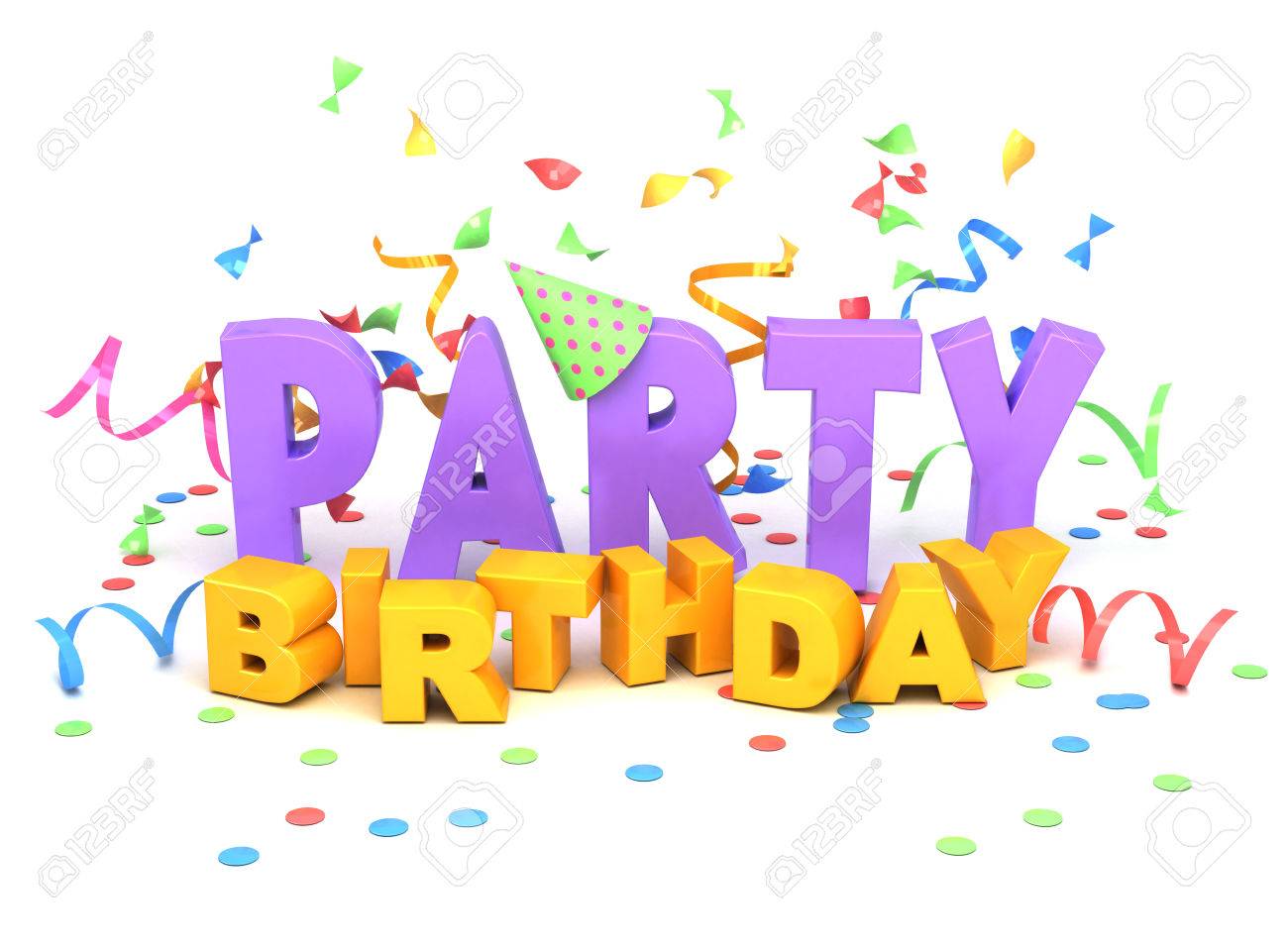 birthday party words on white background stock photo picture and