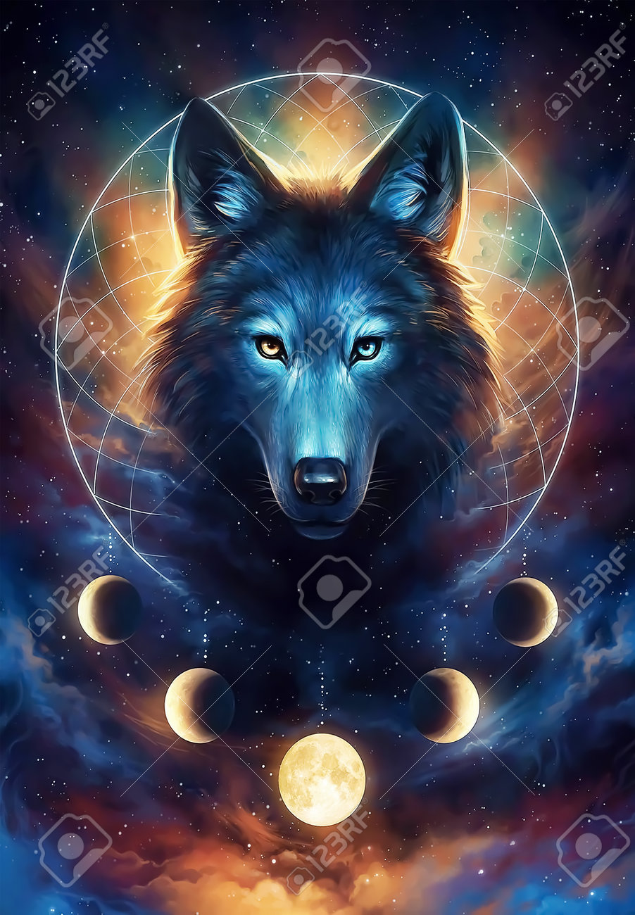 月と星を持つ宇宙のオオカミのファンタジーイラストの写真素材・画像