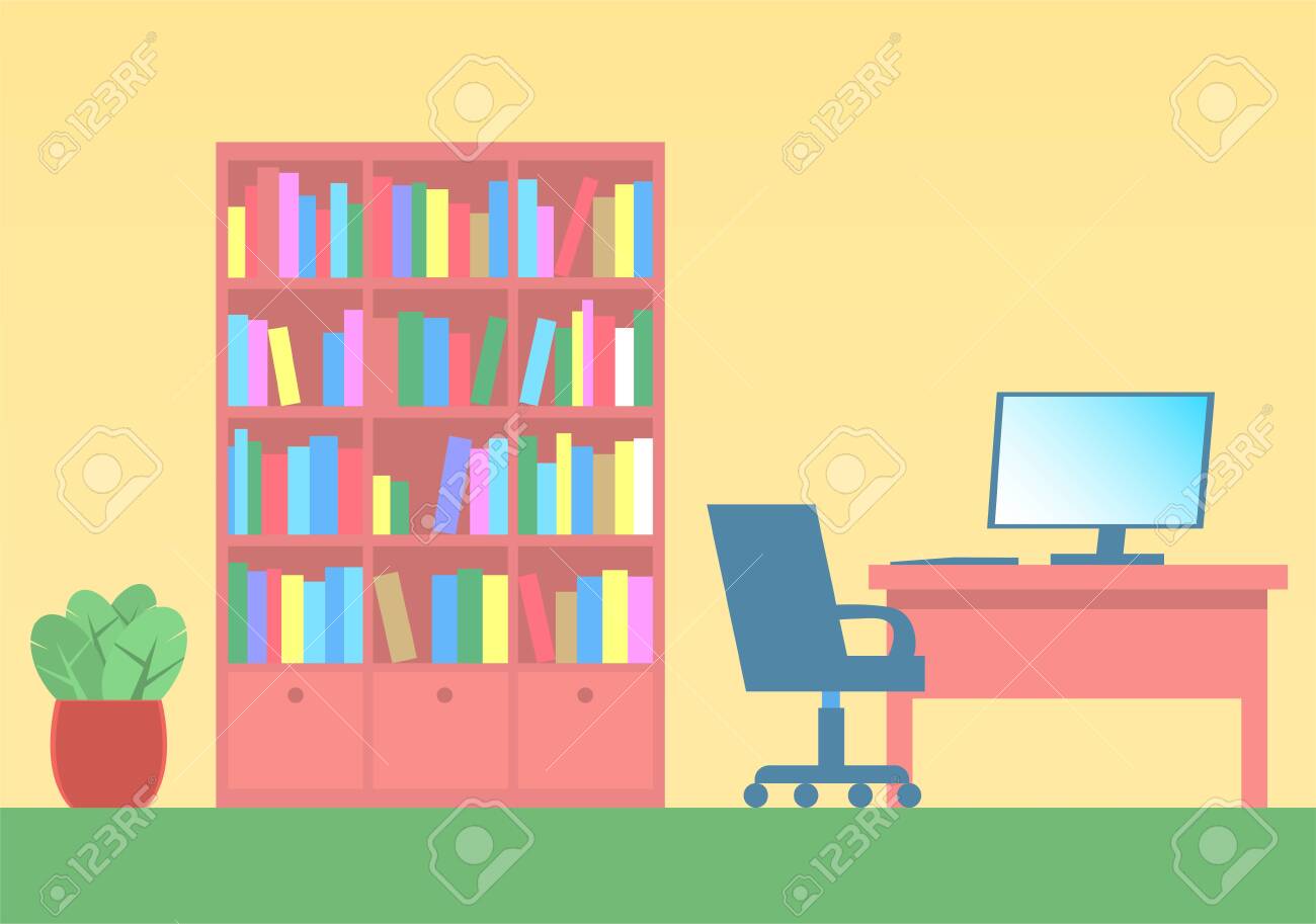 Desk With A Computer, A Chair On Wheels And A Cabinet With A - Desk With A Computer, A Chair On Wheels And A Cabinet With A
