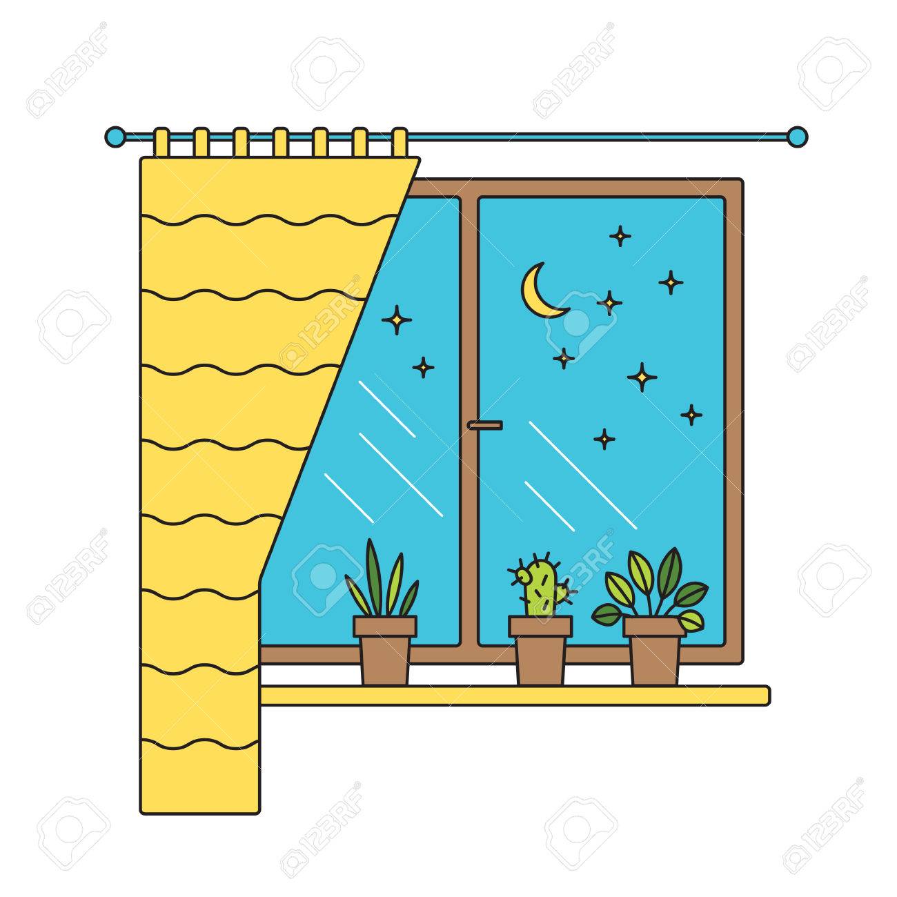 窓辺の鉢に観葉植物 窓からの夜景 内側の平らな線図 のイラスト素材 ベクタ Image 窓辺の鉢に観葉植物 窓からの夜景 内側の平らな線図 のイラスト素材 ベクタ Image