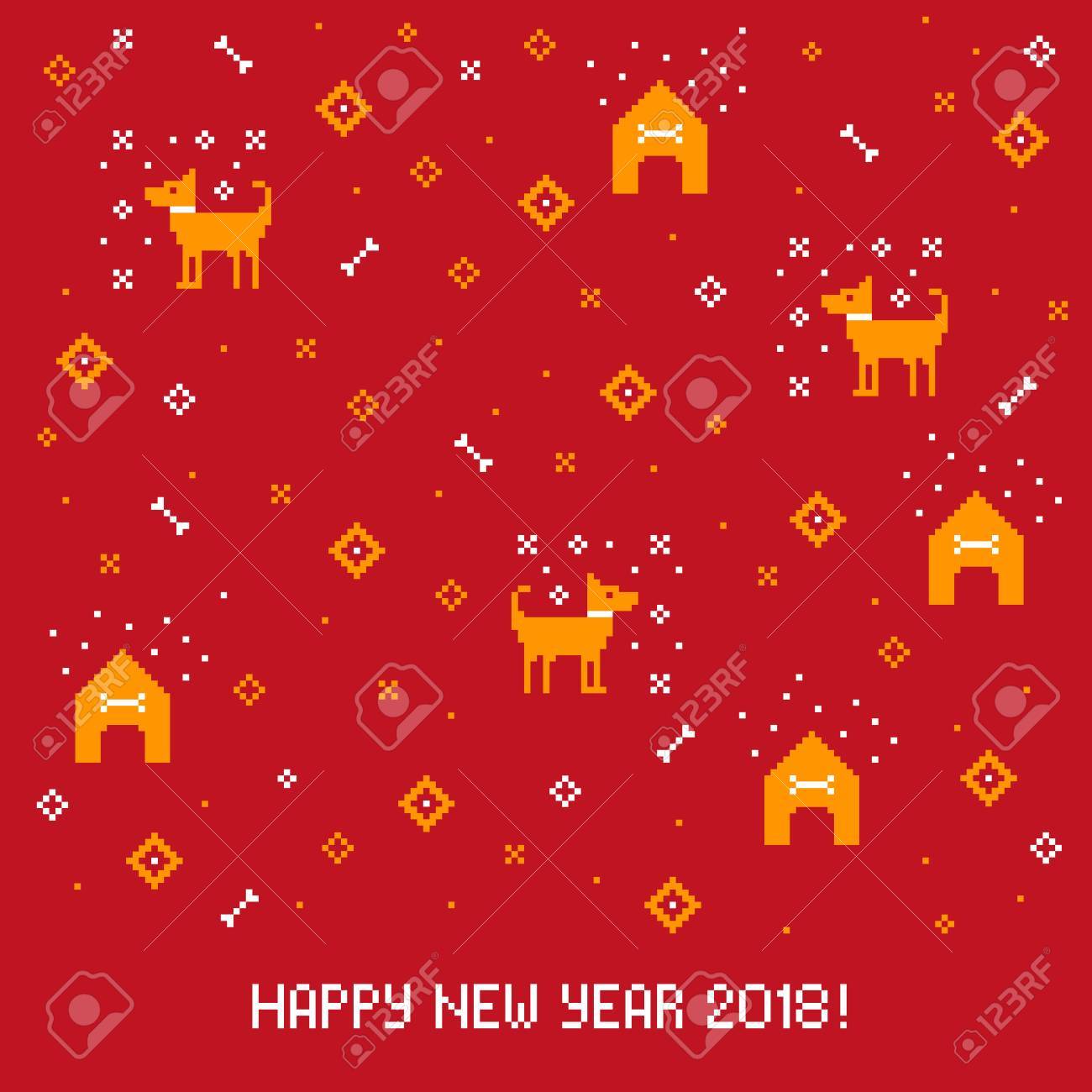 中国新年あけましておめでとうございます 18 クロス犬とスティッチのグリーティング カード ピクセル アート の写真素材 画像素材 Image