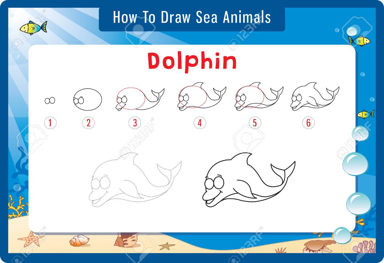 Drawing Lesson For Children Cartoon Vector Illustration Of Sea Animals Step By Step Repeats The Picture Dolphin Royalty Free Cliparts Vectors And Stock Illustration Image