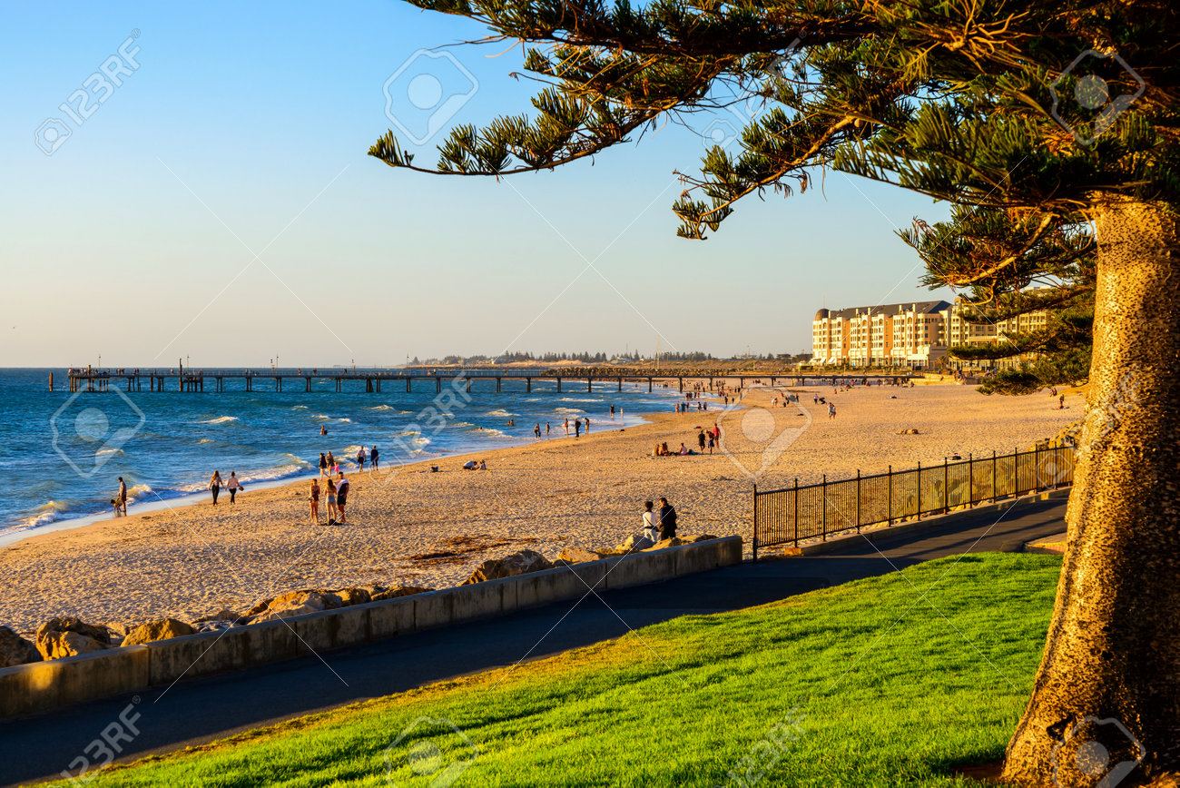 Adelaide South Australia March 11 2018 Glenelg Beach With People At Sunset Time Viewed Towards Jetty Stock Photo Picture And Royalty Free Image Image 134565708