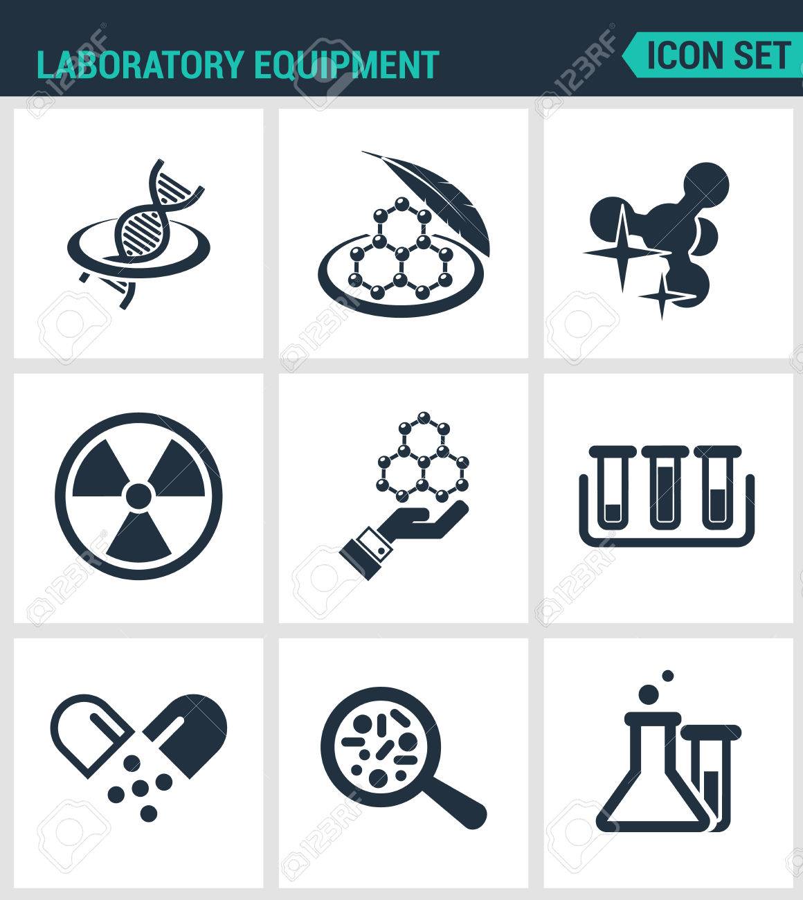 現代ベクトルのアイコンを設定します 実験室装置式 Dna 分子 原子 研究所 技術 細菌 顕微鏡 試験管 黒は 白の背景を署名します 分離記号の シルエットをデザインします のイラスト素材 ベクタ Image