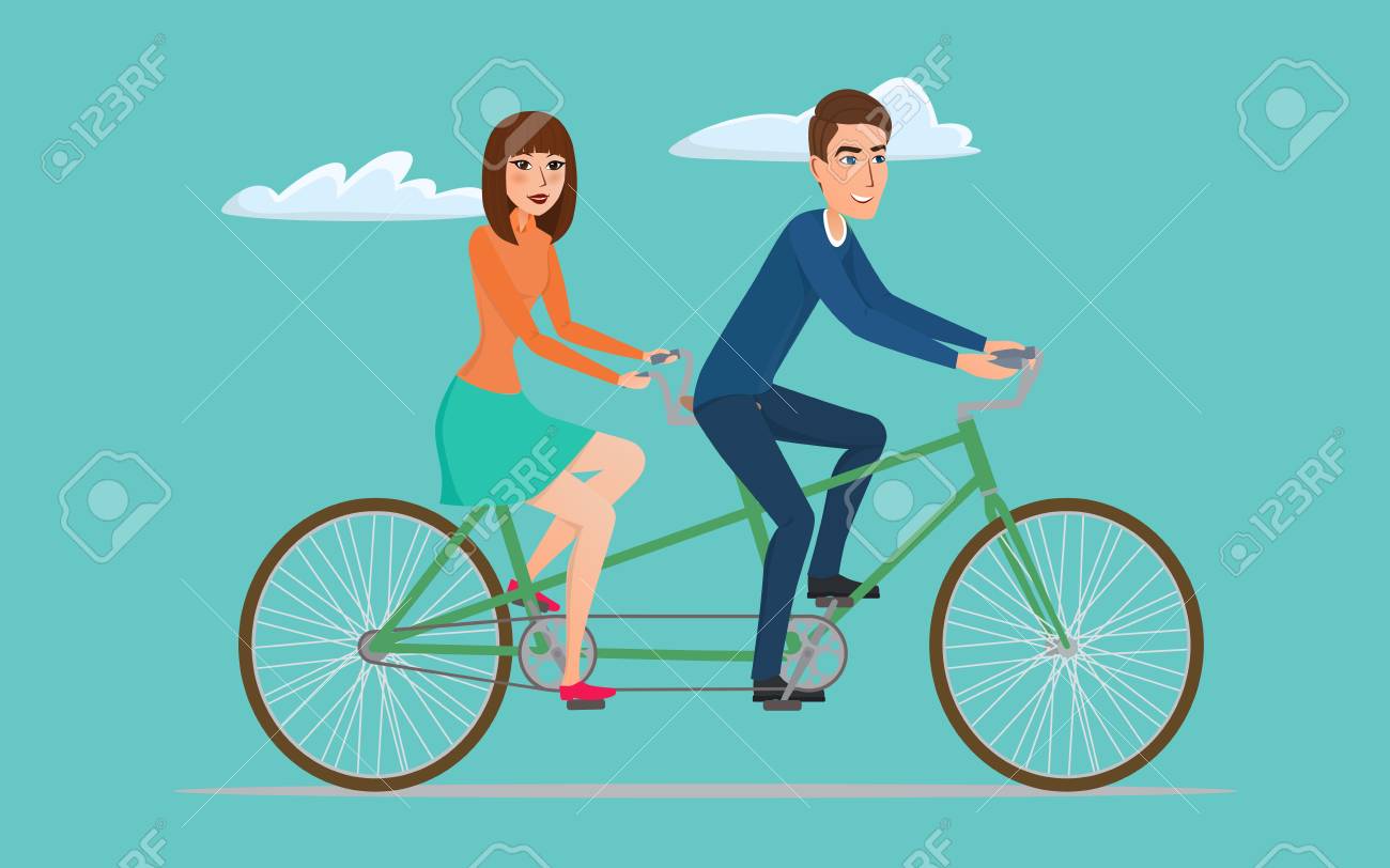 ツインのバイクの男女 若いカップルがタンデム自転車に乗る ベクトル創造的なカラー イラストはフラット フラットな近代的なスタイルのデザインです の イラスト素材 ベクタ Image