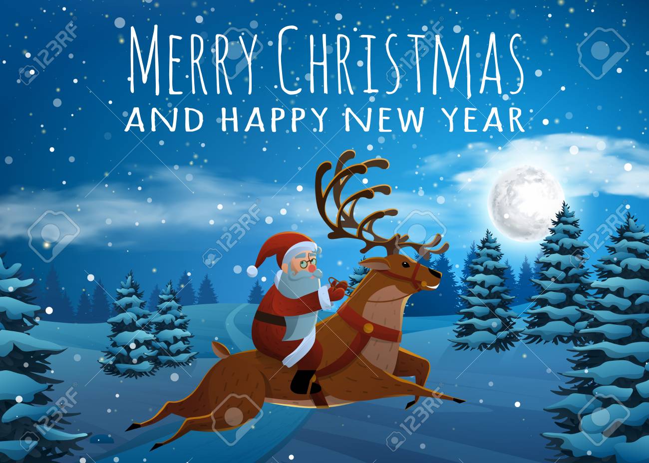 鹿雪でトナカイとソリに乗ってサンタ クロース 夜 大きな月クリスマス風景のモミの木 の写真素材 画像素材 Image 8665