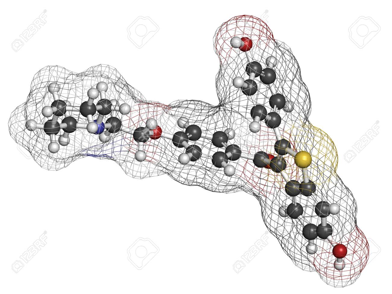 ラロキシフェン骨粗鬆症治療薬 化学構造 閉経後女性の骨粗鬆症の治療と予防に使用されます 閉経後の女性の乳がんのリスクを減らすためにも使用されます 原子は 従来色の球体として表されます の写真素材 画像素材 Image