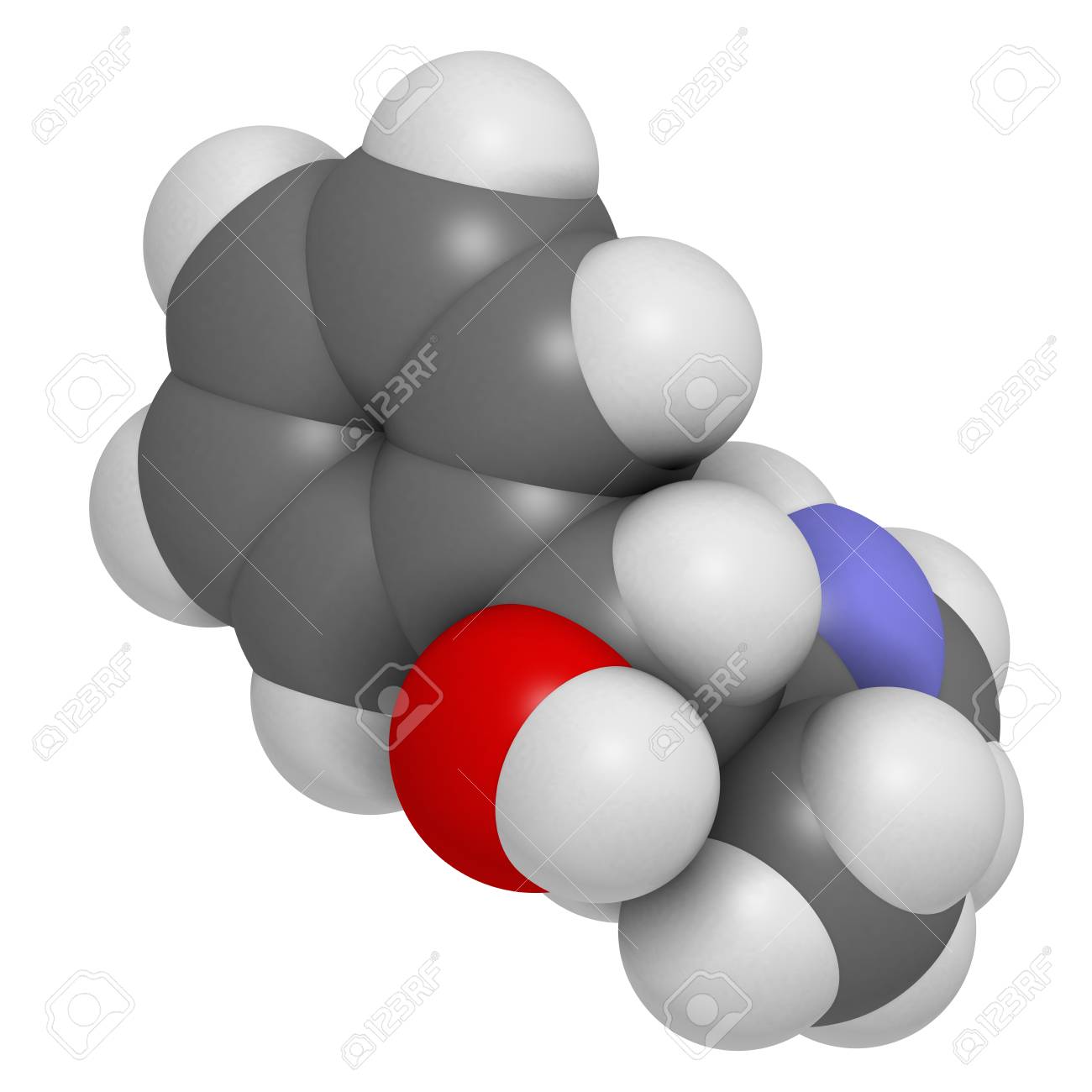 エフェドリンの興奮剤の薬物の分子 エフェドラ植物のアルカロイドなどの覚醒剤 食欲抑制剤 充血除去剤として使用します 原子は従来の色コーディングの球として表される 水素 白 炭素 グレー 酸素 赤 窒素 ブルー の写真素材 画像素材 Image