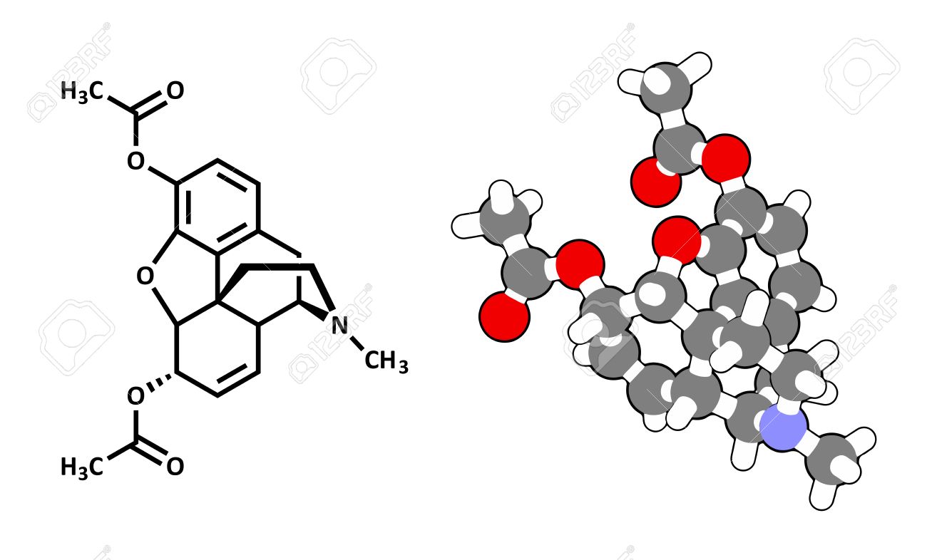 ヘロイン ジアセチル モルヒネ モルヒネ ジアセテート Diamorphine Opioid の薬物分子 漫画スタイル モデルと従来の骨格式 のイラスト素材 ベクタ Image 27509743