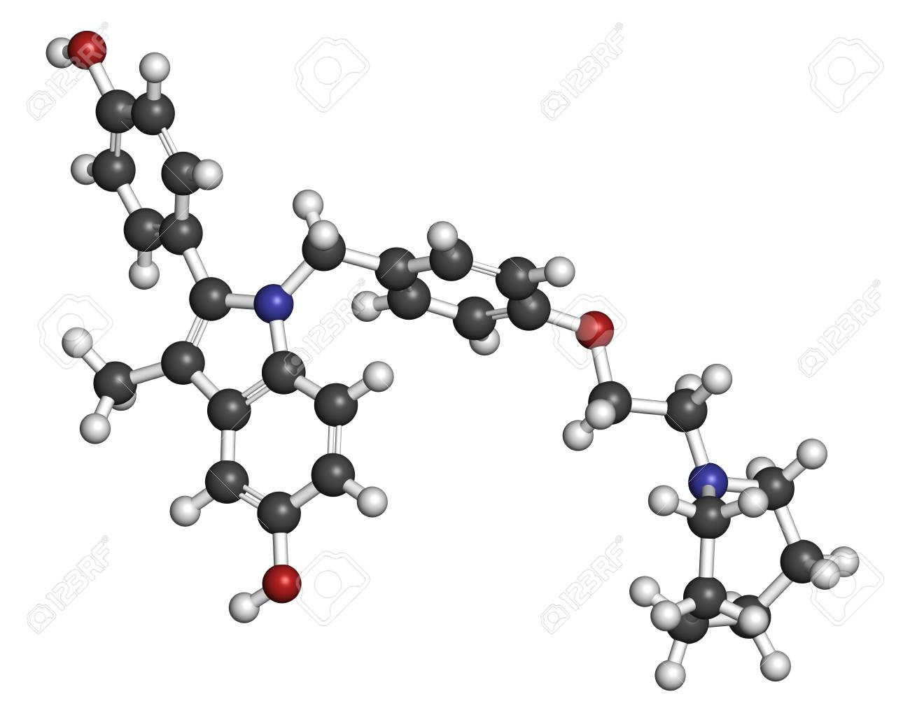 Bazedoxifene 閉経後骨粗鬆症予防薬分子 選択的エストロゲン受容体モジュレーター Serm 原子は従来色の球体として表されます 水素 白 炭素 灰色 酸素 赤 窒素 青 の写真素材 画像素材 Image