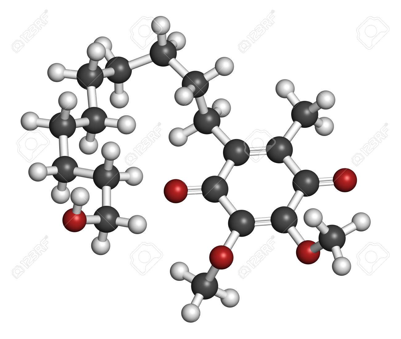 Idebenone drug molecule. Atoms are represented as spheres with conventional color coding: hydrogen (white), carbon (grey), oxygen (red). - 31829373 Idebenone drug molecule. Atoms are represented as spheres with conventional color coding: hydrogen (white), carbon (grey), oxygen (red). - 31829373