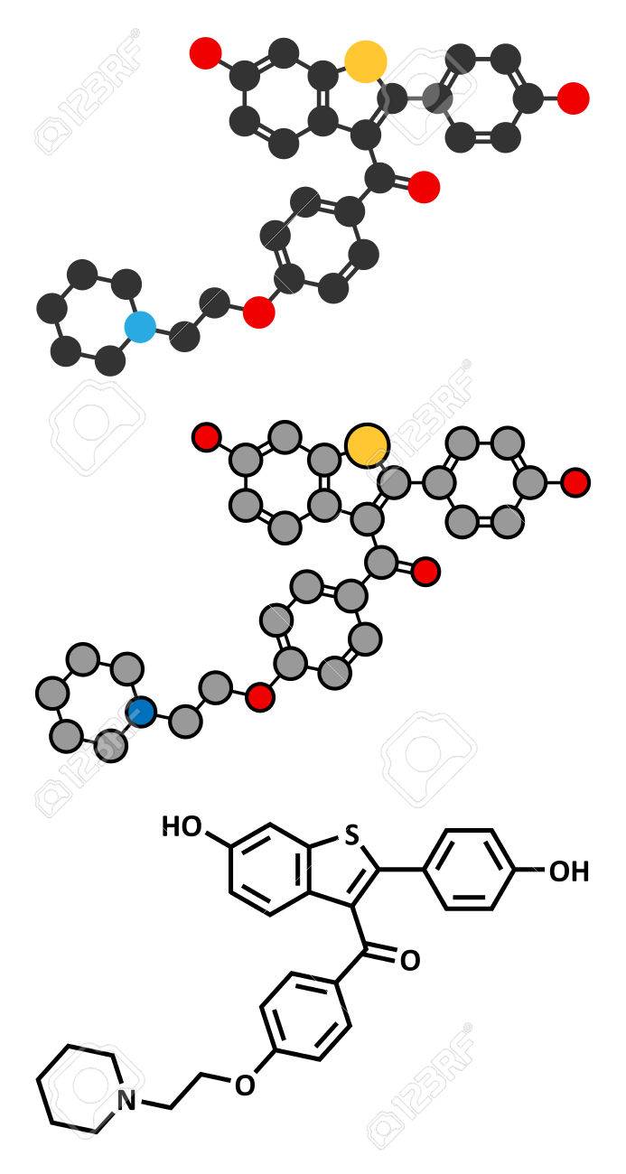 ラロキシフェン骨粗しょう症薬分子 閉経後女性の骨粗鬆症の治療と予防に使用されます 閉経後の女性の乳がんのリスクを減らすためにも使用されます 従来の骨格式と様式化された表現 のイラスト素材 ベクタ Image
