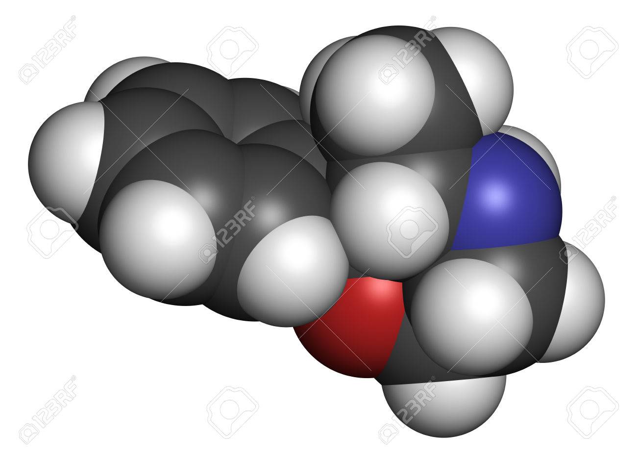 Phenmetrazine 興奮剤の薬物の分子 アンフェタミン クラス 覚醒剤と食欲抑制剤として使用されます 原子は従来の色コーディングの球として表される 水素 白 炭素 グレー 酸素 赤 窒素 青 の写真素材 画像素材 Image