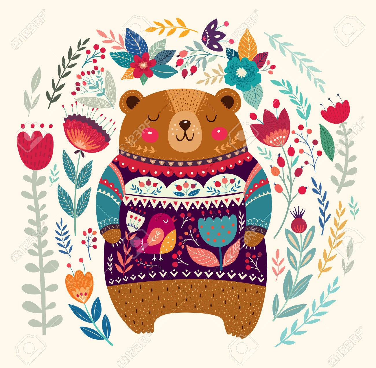 かわいいクマ 花と葉を持つベクトル図 のイラスト素材 ベクタ Image