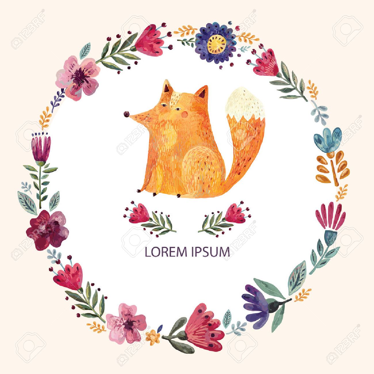 かわいいキツネとフローラル リース イラスト のイラスト素材 ベクタ Image