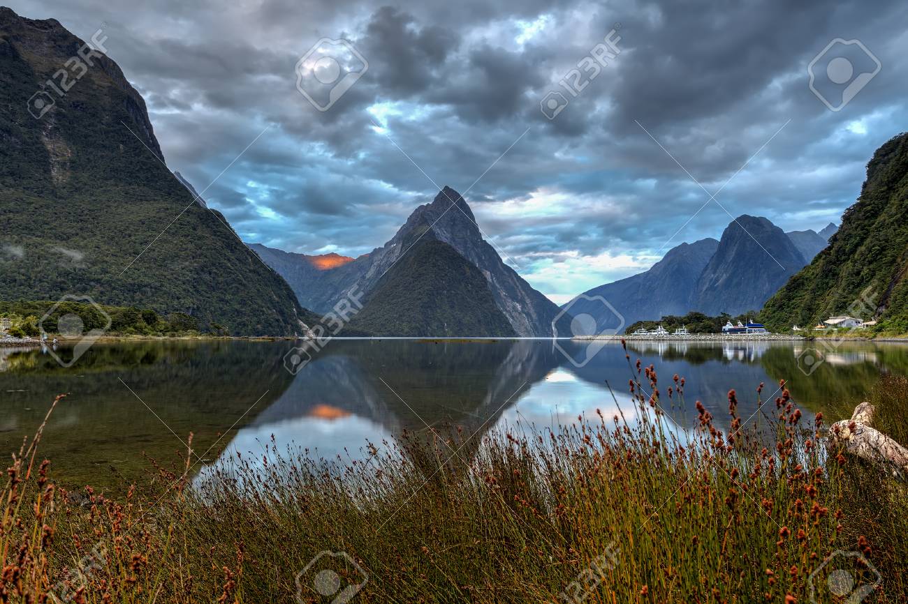 ミルフォード サウンド フィヨルドランド国立公園の曇りの日の出 の写真素材 画像素材 Image