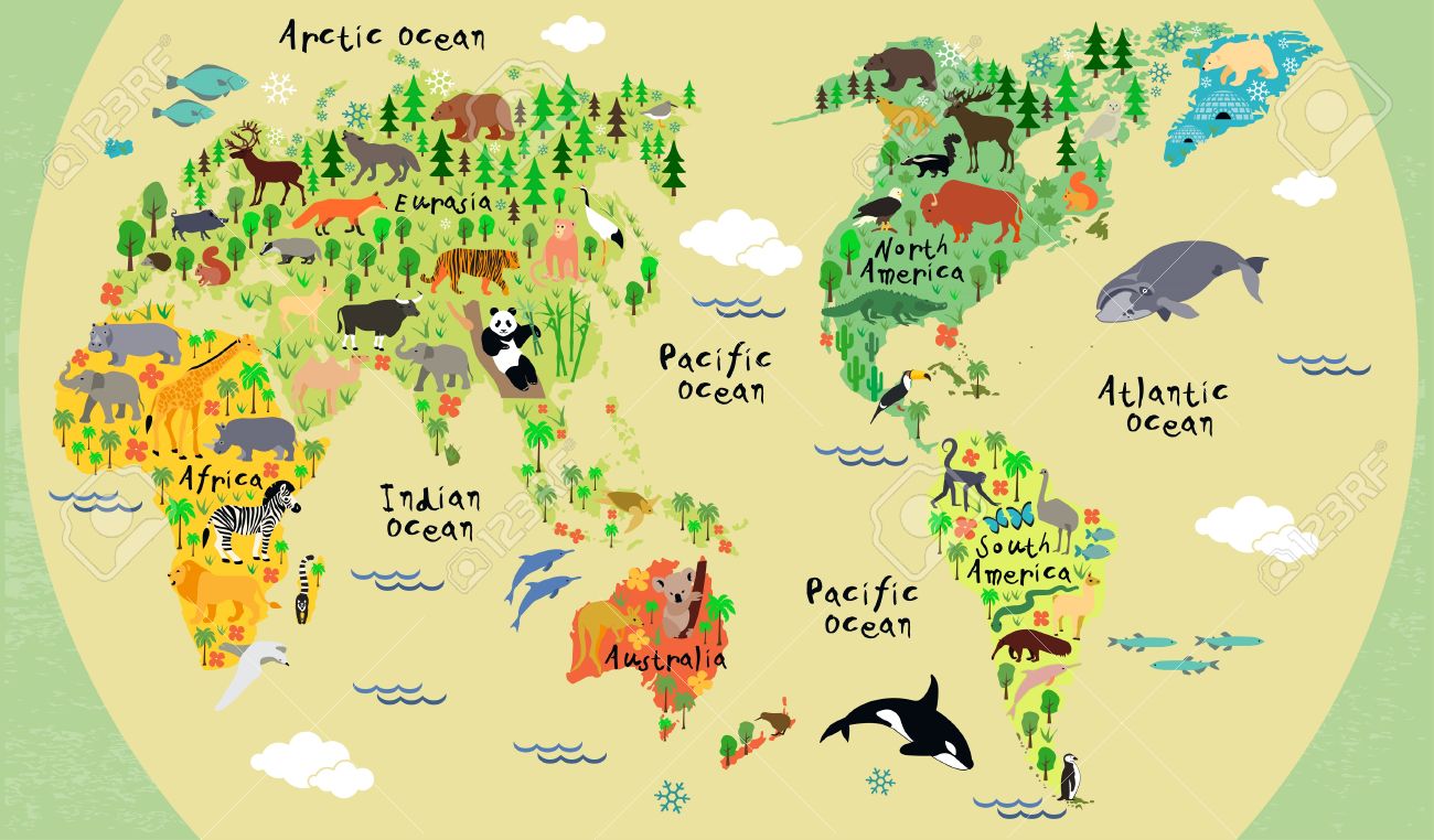 animal map of the world for children and kids stock vector 35994790
