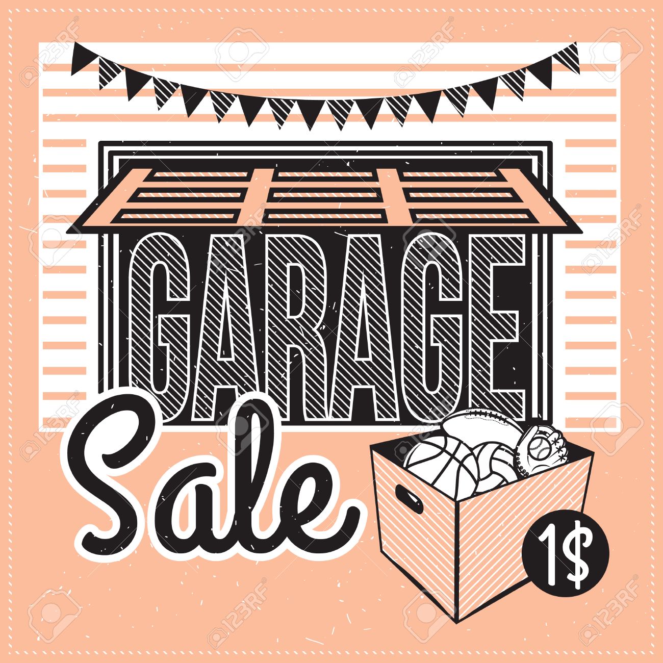 garage-or-yard-sale-with-signs-box-and-household-items-vintage-printable-poster-or-banner-template-royalty-free-svg-cliparts-vectors-and-stock-illustration-image-44542395