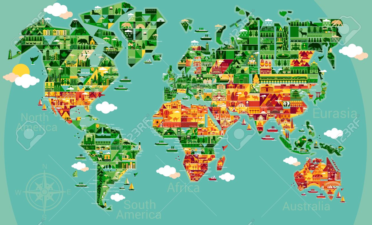 cartoon world map with landscape and animal vector illustration stock vector 51363739