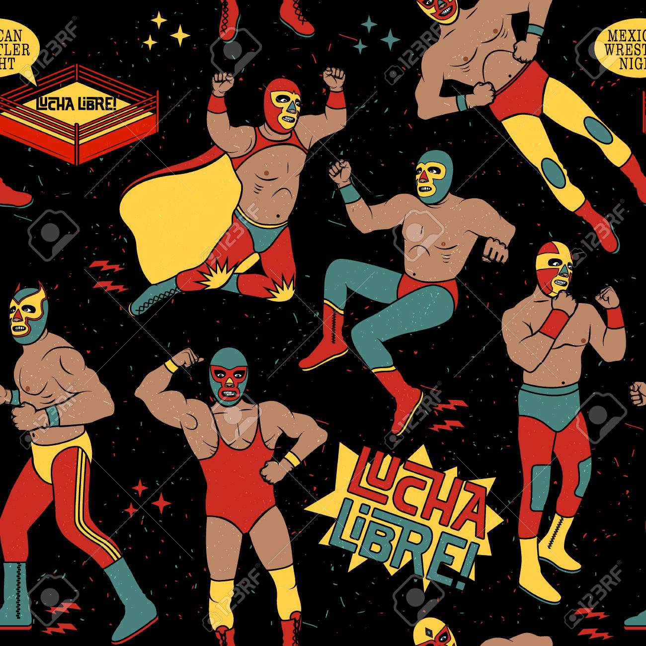 ルチャリブレのシームレスなパターン メキシコのレスラーの夜 のイラスト素材 ベクタ Image