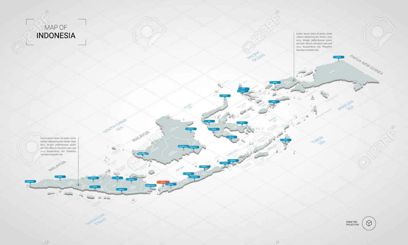 Isometric 3D Indonesia map. Stylized vector map illustration with cities, borders, capital, administrative divisions and pointer marks; gradient background with grid. - 108501011 Isometric 3D Indonesia map. Stylized vector map illustration with cities, borders, capital, administrative divisions and pointer marks; gradient background with grid. - 108501011