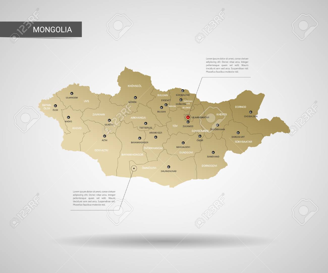 Stylized Vector Mongolia Map Infographic 3d Gold Map Illustration