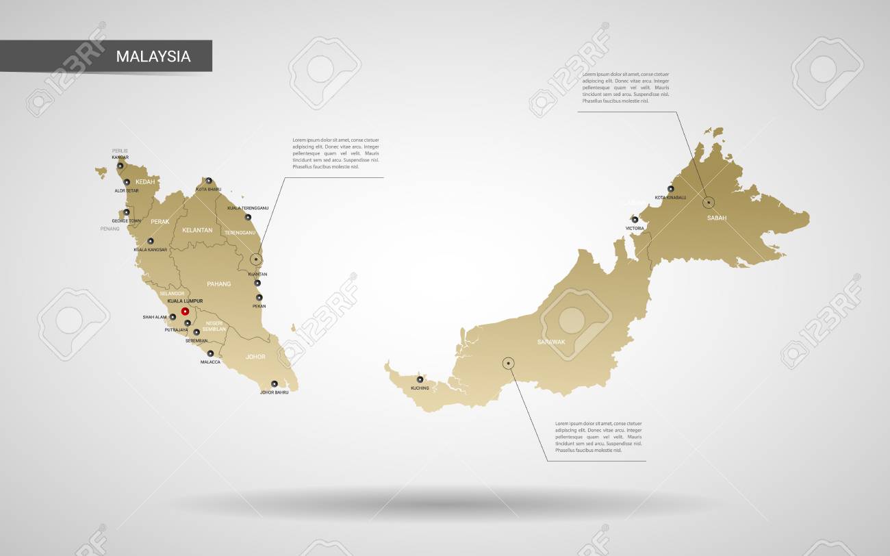 Stylized vector Malaysia map. Infographic 3d gold map illustration with cities, borders, capital, administrative divisions and pointer marks, shadow; gradient background. - 109852892 Stylized vector Malaysia map. Infographic 3d gold map illustration with cities, borders, capital, administrative divisions and pointer marks, shadow; gradient background. - 109852892