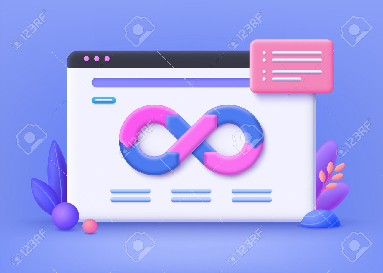 Devops concept, web development. Developing of internet app, online website service. DevOps landing page, programming and engineering service web banner. 3d vector illustration. - 168117454 Devops concept, web development. Developing of internet app, online website service. DevOps landing page, programming and engineering service web banner. 3d vector illustration. - 168117454