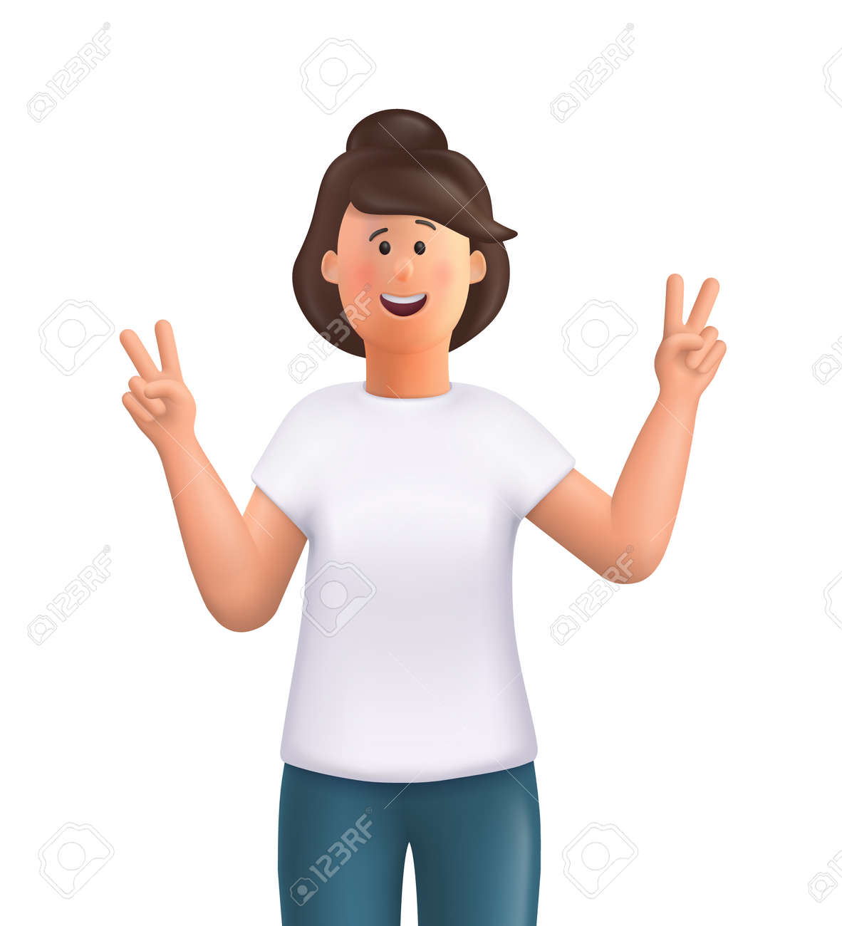Young woman Jane showing victory fingers sign. Positive emotions with gestures - victory symbol, peace hand. 3d vector people character illustration. - 168737130 Young woman Jane showing victory fingers sign. Positive emotions with gestures - victory symbol, peace hand. 3d vector people character illustration. - 168737130