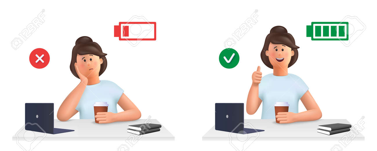 Young woman Jane - burnout concept. Tired, sleepy woman and happy, energetic woman with full and low energy battery working on computer in workplace .. 3d vector people character illustration. - 169499955 Young woman Jane - burnout concept. Tired, sleepy woman and happy, energetic woman with full and low energy battery working on computer in workplace .. 3d vector people character illustration. - 169499955